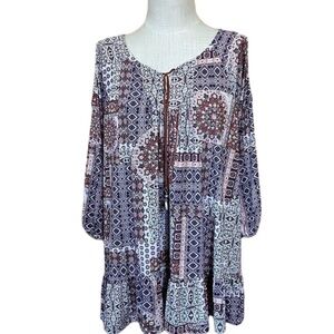 Style & Co 0X Long Boho Tie Front Long Sleeve Blouse Ruffle Hem Casual Chic